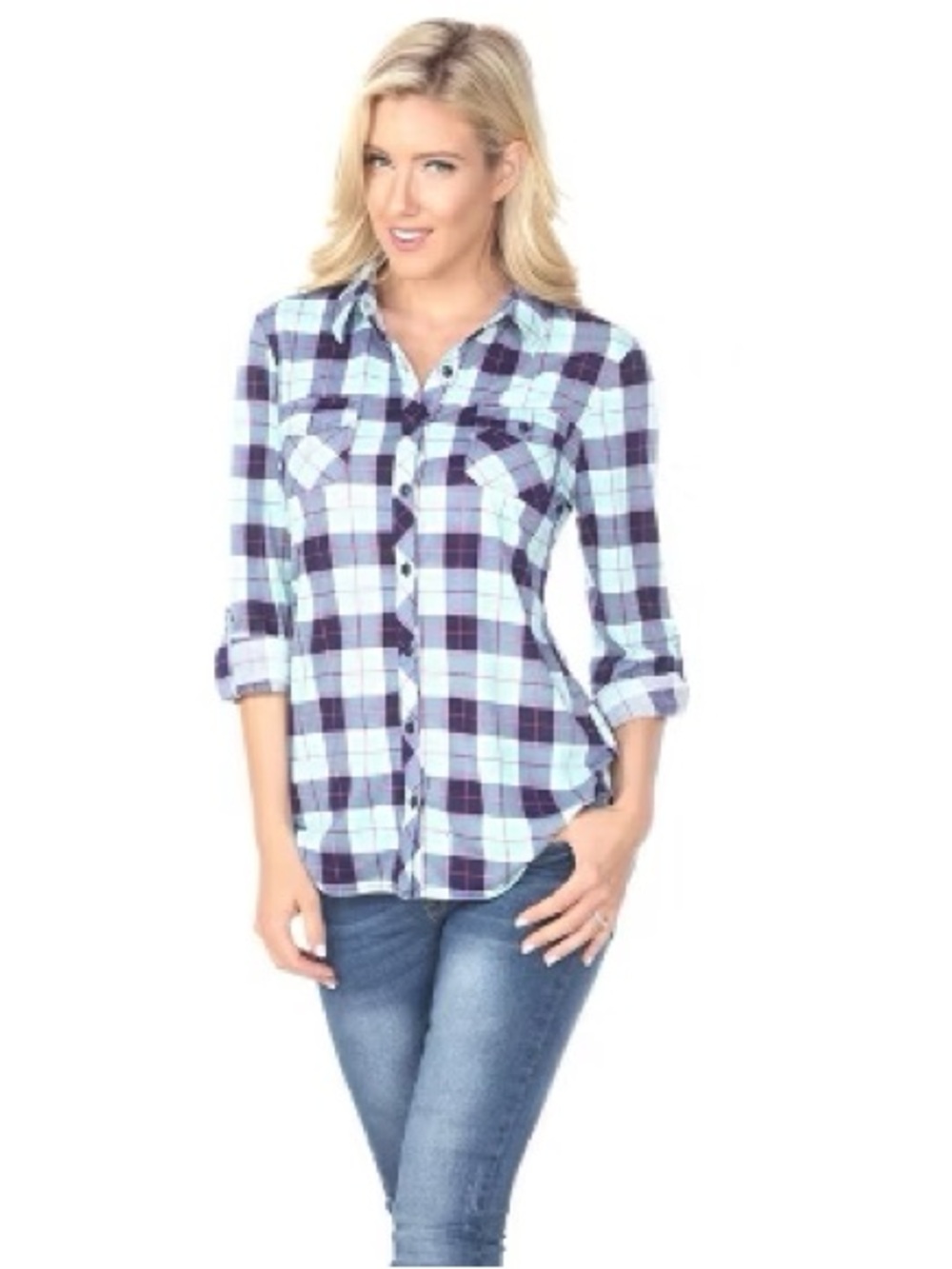 White Mark Women's Oakley Stretchy Plaid Top